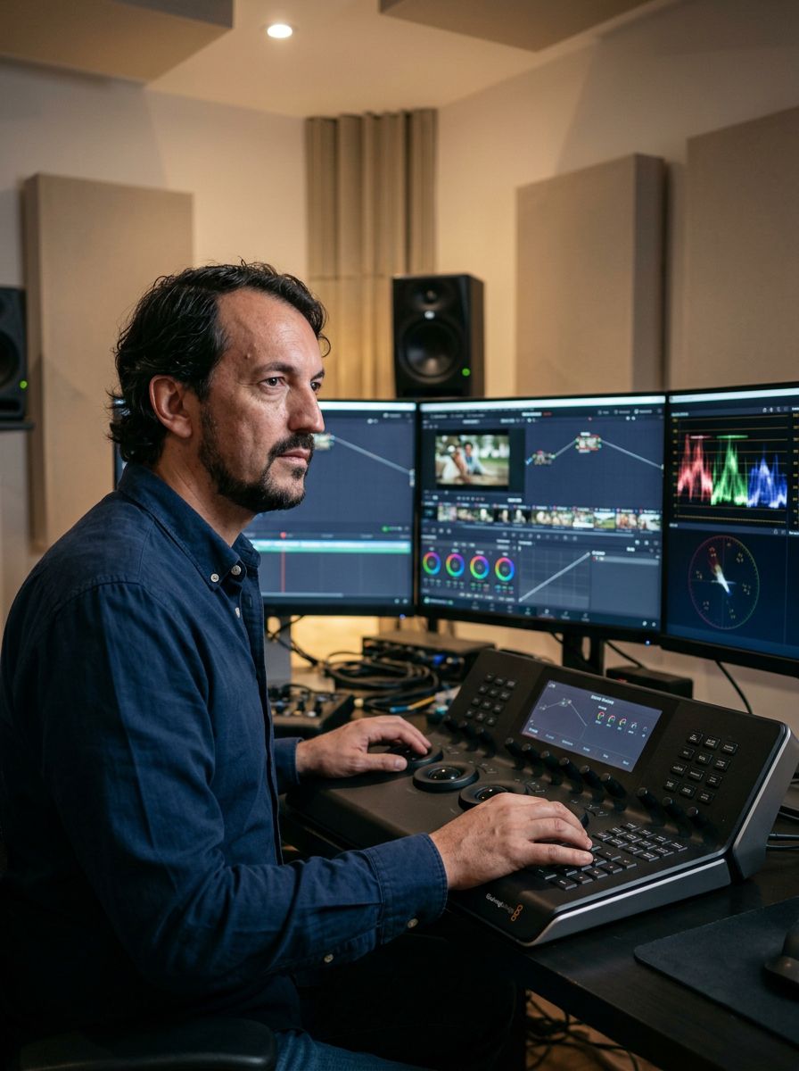 Maurício Donato em ilha de pós-produção e correção de cor