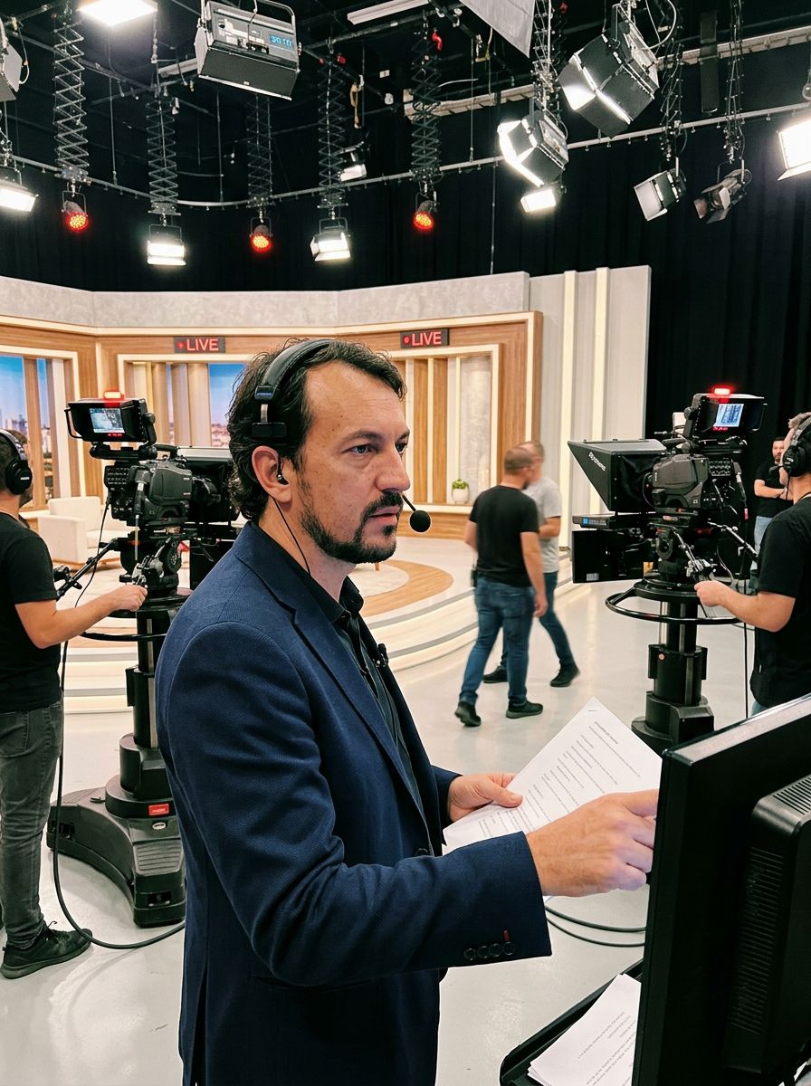 Maurício Donato orientando equipe em estúdio de televisão