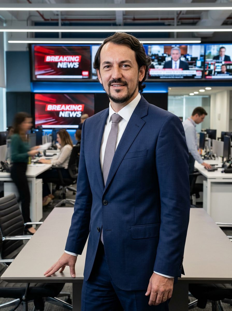Maurício Donato em retrato profissional dentro de redação de televisão