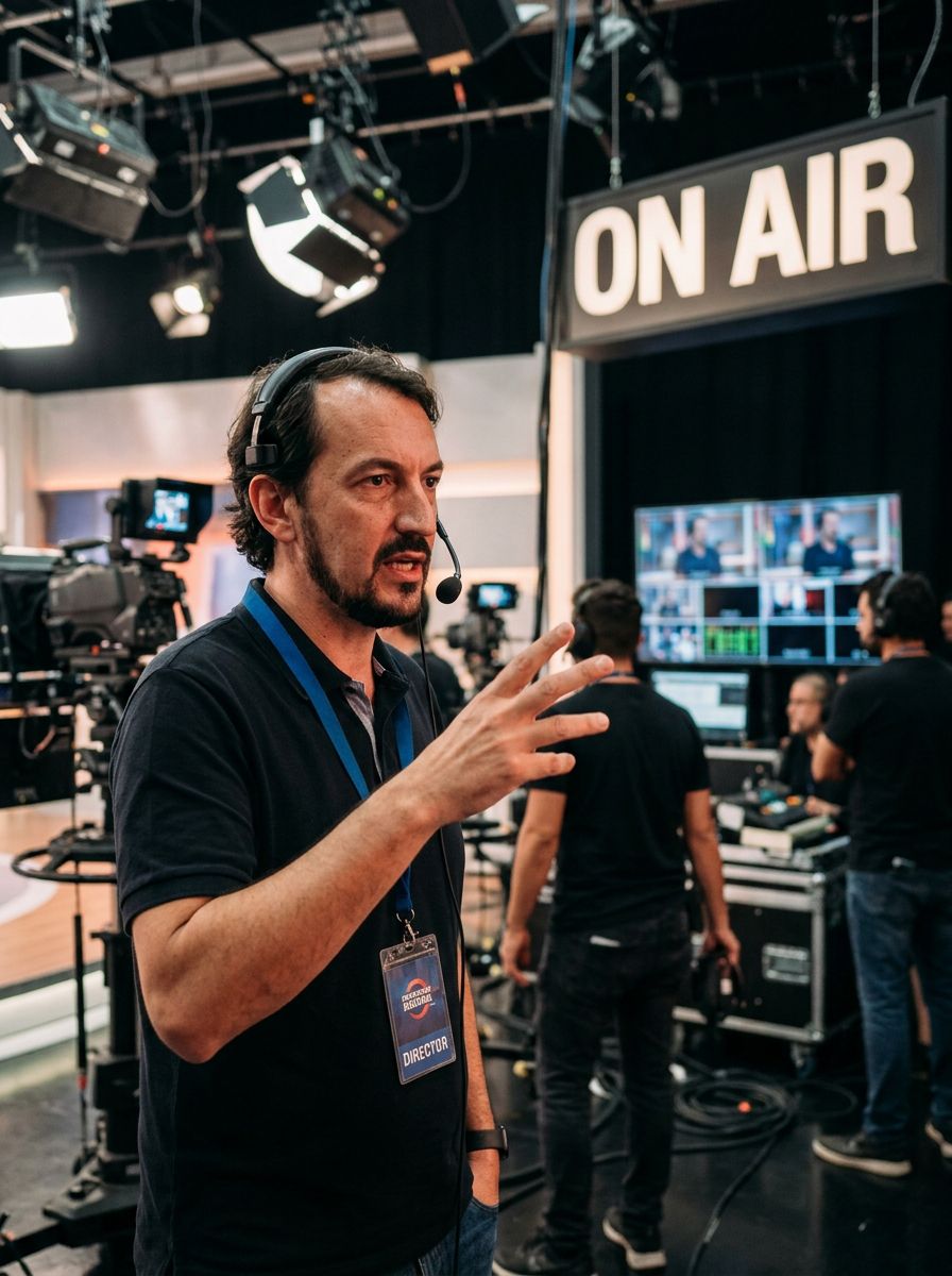 Maurício Donato dirigindo operação de televisão com aviso on air ao fundo