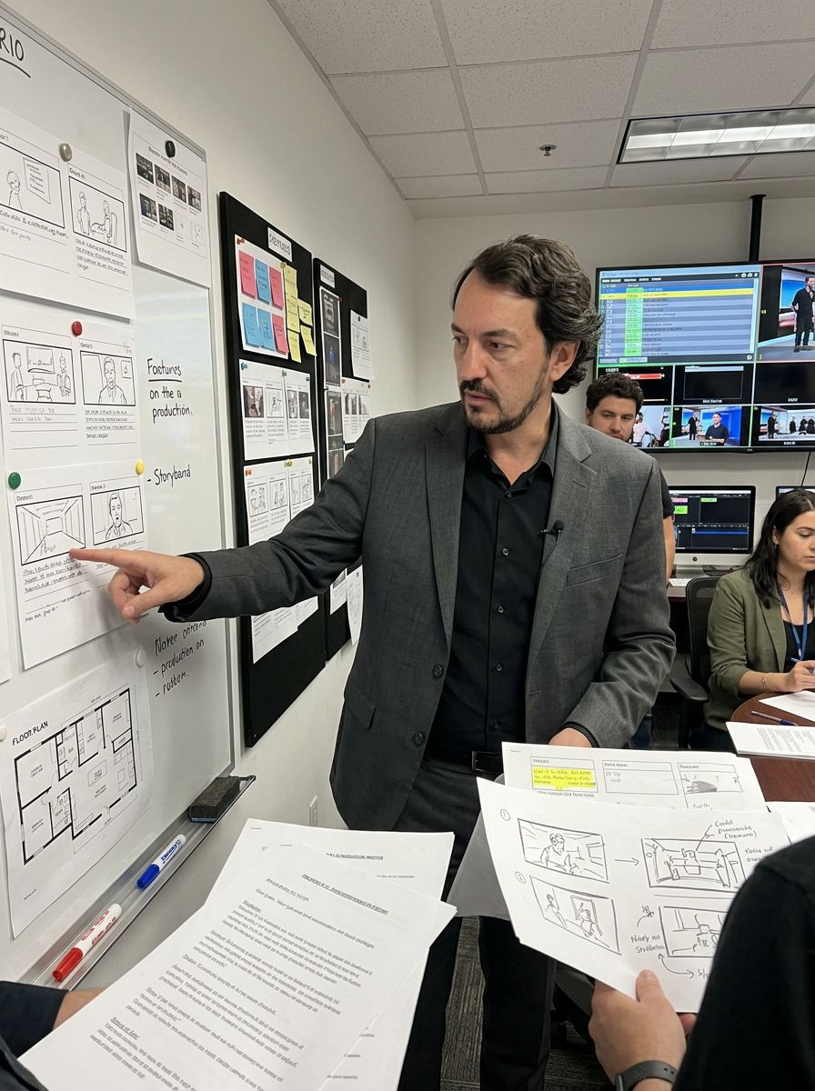 Maurício Donato conduzindo reunião de planejamento com storyboard e equipe