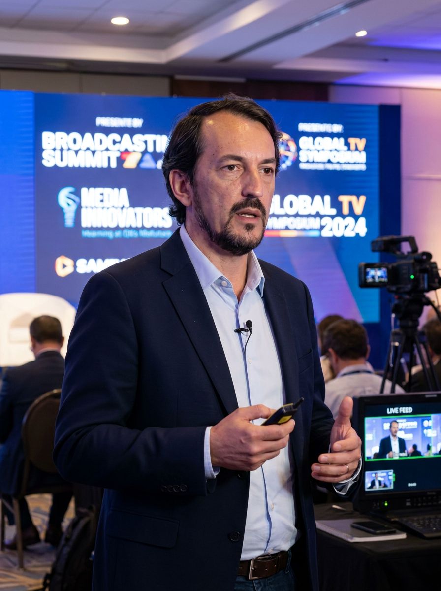 Maurício Donato apresentando em evento internacional de televisão e inovação